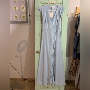 NWT Women’s Fame and Partners blue wrap dress with waist tie and ruffle details